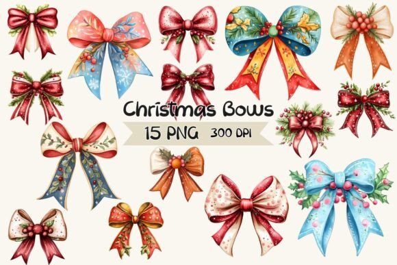 Christmas Bows Watercolor Clipart for Graphics and Illustrations