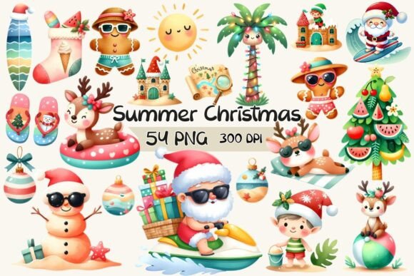 Cute Summer Christmas Watercolor Clipart for Graphics and Illustrations